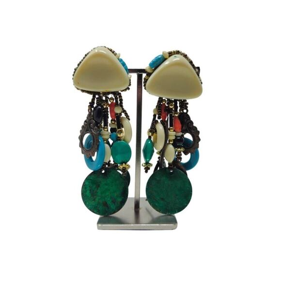Vintage Eclectic Beaded Drop Clip-On Earrings | 3.50" - Picture 1 of 5